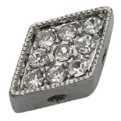 Rhombus shaped metal bead with crystals 9x14x4 mm with 4 holes 2 mm color silver
