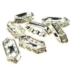 Metal divider with crystals, 15x7x4 mm, with three holes 1 mm, color white -10 pieces