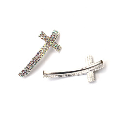 Metal Bead Cross Pendant with Crystals, Rainbow Color 53x24 mm, Hole 3.5 mm