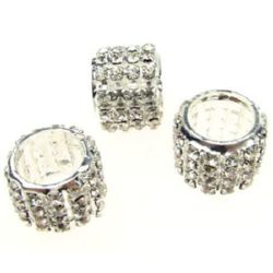 Metal Cylinder Bead with Tiny Crystals for Craft Jewelry Design,18x16 mm, Hole: 12 mm, Silver
