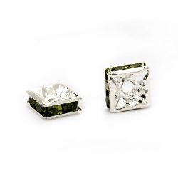 Metal Square Spacer Bead with High Quality Crystals, 6x6x2.5 mm, Hole: 1 mm, Silver with Green Crystals -5 pieces