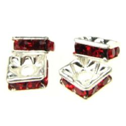Square metal beads with red crystals 6x6x2.5 mm hole 1 mm (quality A) color white - 5 pieces