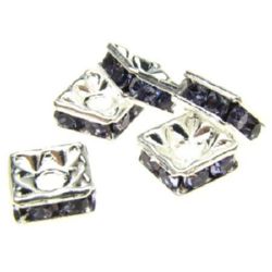 Square metal with purple crystals, 6x6x2.5 mm, hole 1 mm, (grade A) color white - 5 pieces