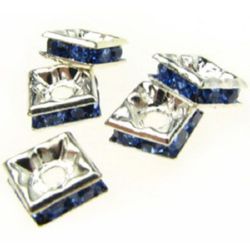 Metal pătrat cu cristale albastre 6x6x2,5 mm gaură 1 mm (calitate A) culoare alb -5 piese