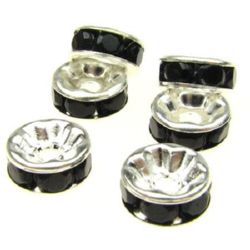 Metal washer with black crystals 8x3.5 mm hole 1.5 mm color white -10 pieces