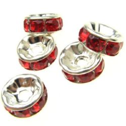 Metal washer with red crystals 8x3.5 mm hole 2 mm (quality B) color white -10 pieces