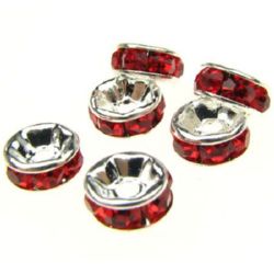 Round metal beads,  flat separator with red crystals 6x3 mm hole 1 mm (quality A) color white - 10 pieces