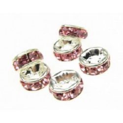Шайба метал с розови кристали 6x3 мм дупка 1 мм (качество А) цвят бял -10 броя