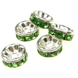 Metal bead with crystals - separator in the form of a washer green 8x3.5 mm hole 1.5 mm (quality A) color white -10 pieces