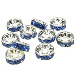 Metal Washer Bead with Blue Crystals (quality A), Spacer Bead for Jewelry Accessories, 8x3.5 mm, Hole: 1.5 mm, Silver -10 pieces