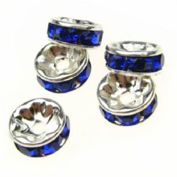Metal beads disc shaped with blue crystals for jewelry making 8x3.5 mm hole 1.5 mm color white - 10 pieces