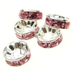 Metal beads, flat round spacer with delicate pink crystals 8x3.5 mm hole 1.5 mm (quality A) color white - 10 pieces