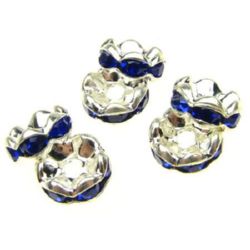 Metal beads, disc shape with blue crystals zig zag 8x3.5 mm hole 1.5 mm (quality A) color white - 10 pieces