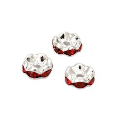 Шайба метал с червени кристали зиг заг 8x3.5 мм дупка 1.5 мм (качество А) цвят бял -10 броя