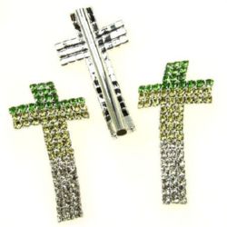 Curved Sideways Metal Cross with Crystals, Spacer Bead, White Silver, 35x19 mm, Hole: 1.5 mm
