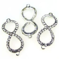 Jewelry component,  metal connecting element infinity shape with crystals 42x17x2.5 mm hole 2 mm silver color