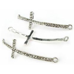 Metal jewelry finding, cross connecting element with clear crystals 52x16 mm hole 2 mm color silver