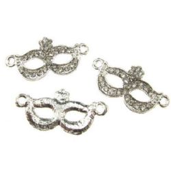 Connecting element,  metal bead - domino mask with crystals 31x15 mm hole 2.5 mm color white