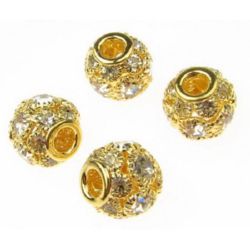 Metal Ball-shaped SHAMBALLA Bead with Crystals, 13x11 mm, Hole: 5 mm, Gold