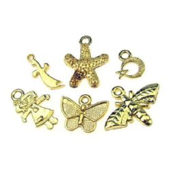 Jewelry components, various shapes metal pendants 9-19 mm color gold - 10 grams - 21 pieces