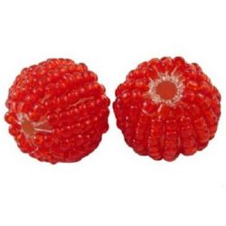 Ball-shaped Bead covered with Glass Seed Beads, 18 mm, Hole: 2 mm, Red -5 pieces