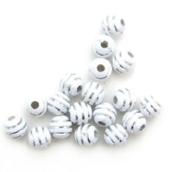 Χάντρα στρογγυλή πλαστική   7 mm τρύπα 2 mm λευκή με ασημί ρίγες  - 50 γραμμάρια ~ 240 τεμάχια 