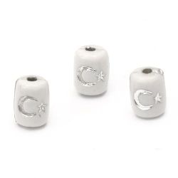 Opaque Acrylic Cylinder Beads with Silver Line moon and star 8x6 mm hole 2 mm white - 50 grams