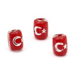Opaque Acrylic Cylinder Beads with Silver Line moon and star 8x6 mm hole 2 mm red - 50 grams