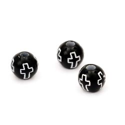Plastic Ball-shaped Bead with a Cross, 8 mm, Hole: 2-2.5 mm, Black with White -20 grams ~ 80 pieces
