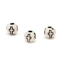 Plastic Ball-shaped Bead with a Cross, 8 mm, Hole: 2-2.5 mm, White with Black -20 grams ~ 80 pieces