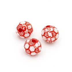 Χάντρα πλαστική δίχρωμη στρογγυλή μπάλα ποδοσφαίρου δύο χρωμάτων 10 mm τρύπα 2 mm λευκό και κόκκινο -50 γραμμάρια ~ 92 τεμάχια