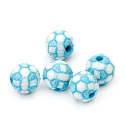 Мънисто двуцветно топче футбол 10 мм дупка 2 мм бяло и синьо -20 грама ~30 броя