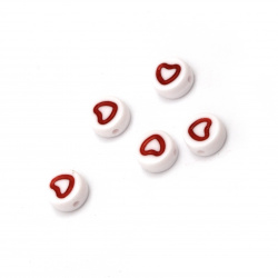 Мънисто двуцветно кръг със сърце 7.5x4 мм дупка 1 мм цвят бял и червен -20 грама ~140 броя