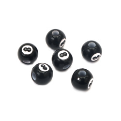 Plastic Two-color Bead, Pool Ball / 10 mm, Hole: 3.5 mm / Black - 20 grams ~ 26 pieces
