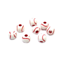 Plastic Тwo-color Bead, Baseball /   11 mm, Hole: 4 mm / White and Red - 50 grams ~ 65 pieces