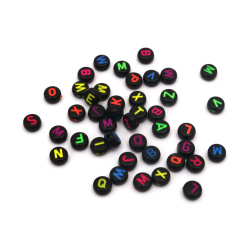 Plastic Circle Bead with Colorful Latin Letters / 7x4 mm, Hole: 1 mm / Black - 20 grams ~ 140 pieces