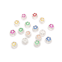 Plastic Coin-shaped Happy Face Bead / 10x6 mm, Hole: 2 mm /  Transparent - 20 grams ~ 60 pieces