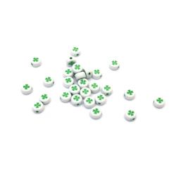 Round Opaque Bead with Clover /  7x4 mm, Hole: 1 mm / White with Green - 50 grams ~ 330 pieces