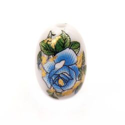 Painted oval bead 17x11 mm hole 2 mm blue with gold thread - 1 piece