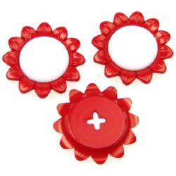 Plastic Flower Cabochon for Gluing, 34 mm, Red and White -5 pieces
