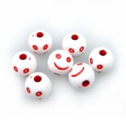 Мънисто топче усмивка 10 мм дупка 2.5 мм бяло и червено -20 грама ~38 броя