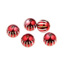 Bead metallic striped ball 14 mm hole 2.5 mm red - 8 pieces