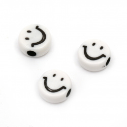 Plastic Happy Face Coin Bead for DIY Jewelry and Decoration, 11.5x5.5 mm, Hole: 3 mm, White -20 grams ~ 36 pieces