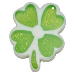 Resin clover pendant 47x30x4 mm white and green - 4 pieces
