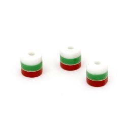Resin acrylic beads, striped cylinder 6x6 mm strips white green red - 20 pieces