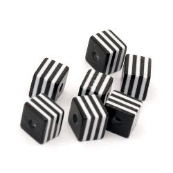 Resin acrylic cube 8x8x7 mm hole 2 mm black with white stripes - 50 pieces