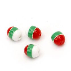 Resin acrylic oval beads 10x8 mm hole 2 mm stripe white green red - 50 pieces