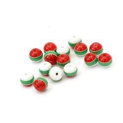 Resin acrylic beads, striped ball 6 mm hole 1 mm white green red - 50 pieces