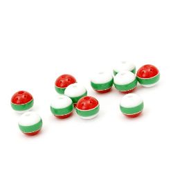 Resin acrylic beads, striped ball 8 mm hole 1.5 mm white green red - 50 pieces