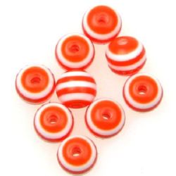 Resin Plastic Beads, Striped Ball 6 mm hole 2 mm white orange -50 pieces